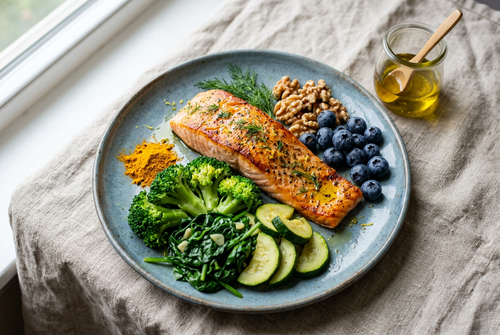 Assiette anti-inflammatoire : saumon au curcuma, brocoli, avocat, myrtilles et noix, avec un filet d'huile d'olive