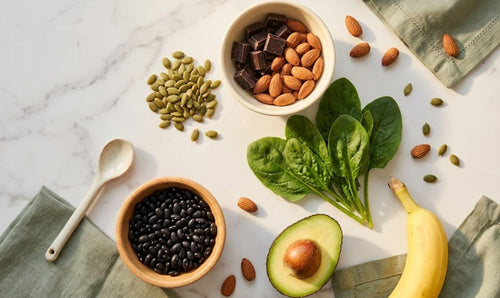 Aliments naturels riches en magnésium : chocolat noir, amandes, épinards, graines de courge et légumineuses