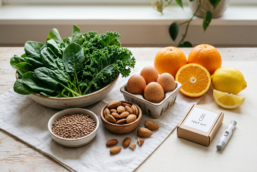 Épinards, lentilles, œufs, amandes, agrumes et kit d'autotest pour repérer les carences nutritionnelles