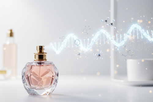 Flacon de parfum de luxe vaporisant une brume légère révélant des structures chimiques, symbolisant les perturbateurs endocriniens et les COV.