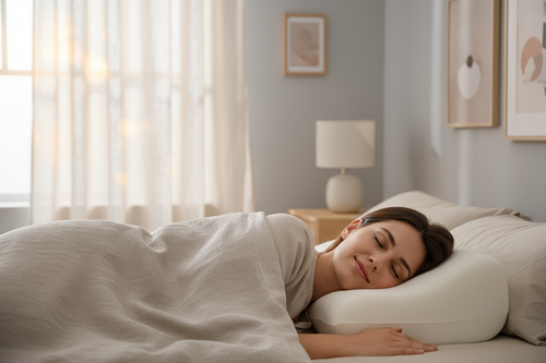 Personne dormant sur le côté, sa nuque parfaitement soutenue par un oreiller cervical ergonomique.