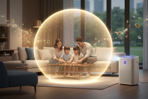 Une famille dans son salon, protégée de la pollution intérieure par une bulle d'air pur générée par un purificateur d'air.