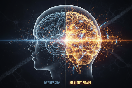 Image conceptuelle d'un cerveau dont les neurones passent d'un état faible et vacillant (dépression) à un état vibrant et lumineux, symbolisant la guérison par l'optimisation métabolique.