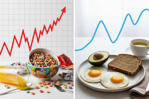 Comparaison visuelle entre un petit-déjeuner sucré (céréales, jus) provoquant un pic de glycémie, et un petit-déjeuner équilibré (œuf, avocat) assurant une glycémie stable pour la gestion du diabète.