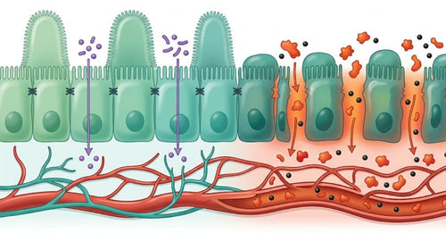 Illustration de l'intestin poreux : jonctions serrées abîmées laissant passer des molécules dans la circulation sanguine