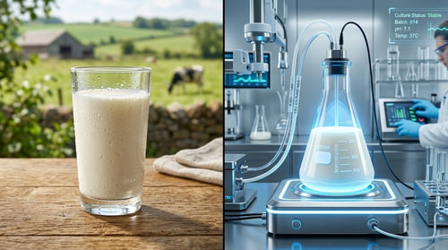 Comparaison entre un verre de lait naturel et une fiole de lait de laboratoire issu de la fermentation de précision