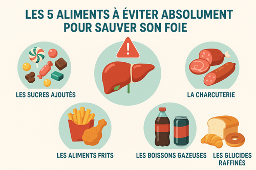 Illustration d'un foie sain menacé par cinq aliments néfastes (soda, frites, charcuterie, sucre, pain blanc) qui symbolisent les dangers de l'alimentation moderne.