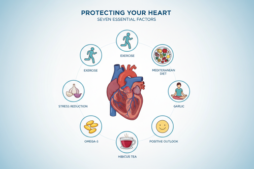 Cœur anatomique sain entouré de sept stratégies naturelles de prévention des maladies cardiovasculaires : marche, alimentation méditerranéenne, méditation, ail, oméga-3, hibiscus et rire