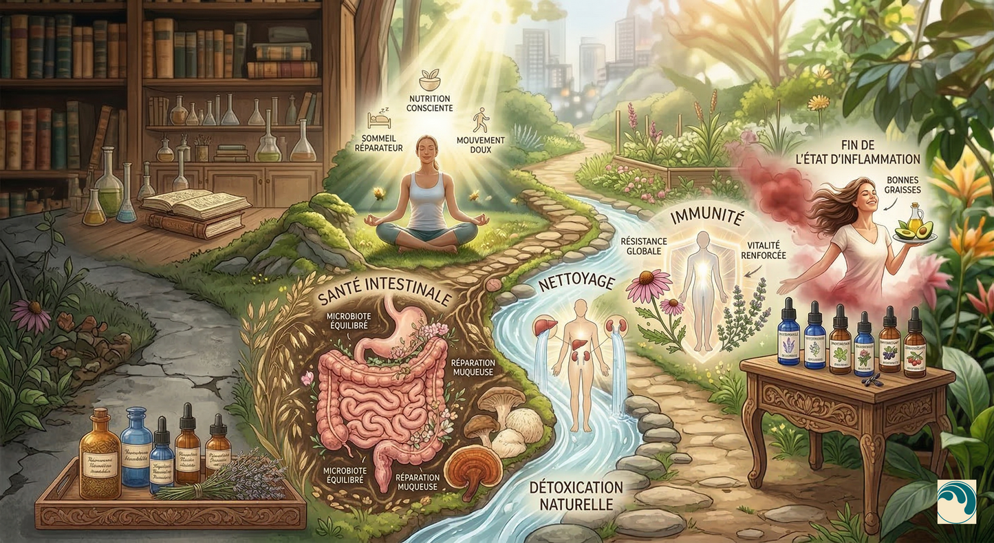 Une infographie holistique richement détaillée s'articulant autour d'une bifurcation de deux sentiers. Le sentier principal, en pierres naturelles et baigné d'une lumière chaude, serpente à travers un jardin luxuriant. Il présente les étapes clés de la santé naturelle : une femme en méditation sous des rayons de soleil (hygiène de vie), un schéma botanique du système digestif (santé intestinale), une silhouette purifiée par des cascades d'eau (détoxication) et un corps protégé par un bouclier lumineux entou