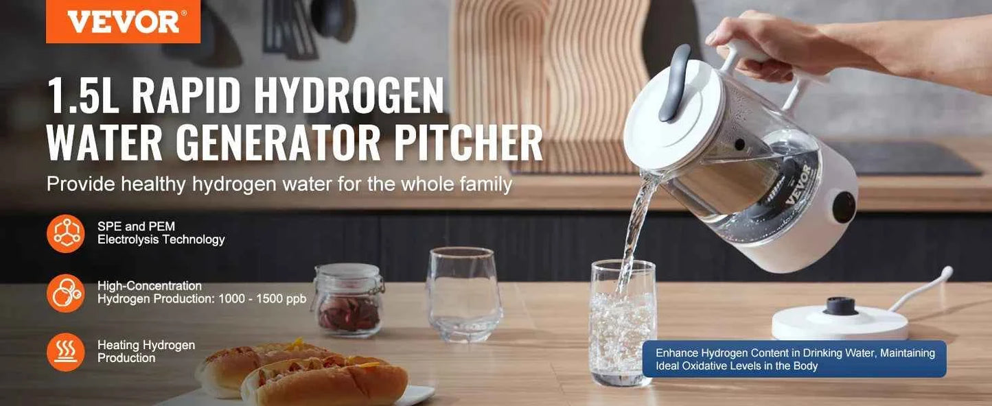 Générateur d'eau à hydrogène - Carafe & bouilloire - 1.5L - Concentration en hydrogène de 1500 ppb
