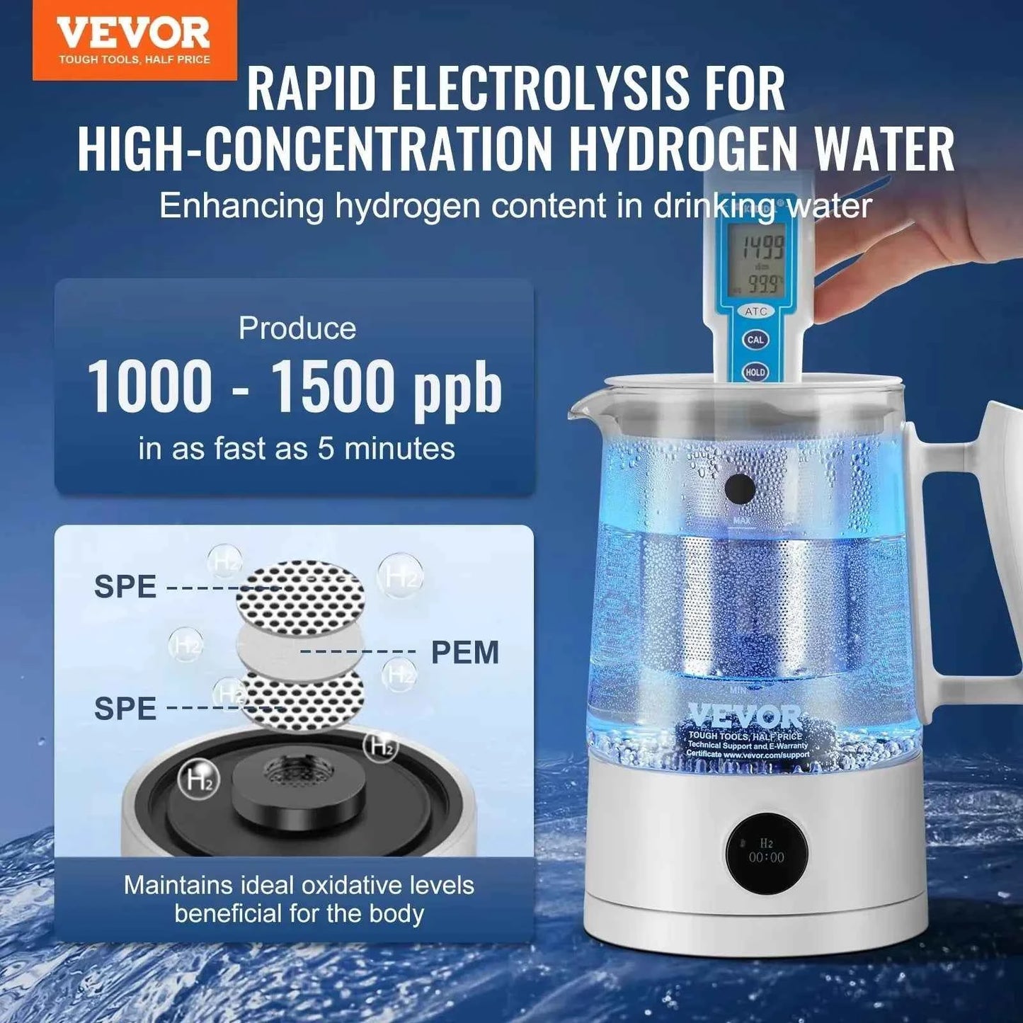 Générateur d'eau à hydrogène - Carafe & bouilloire - 1.5L - Concentration en hydrogène de 1500 ppb