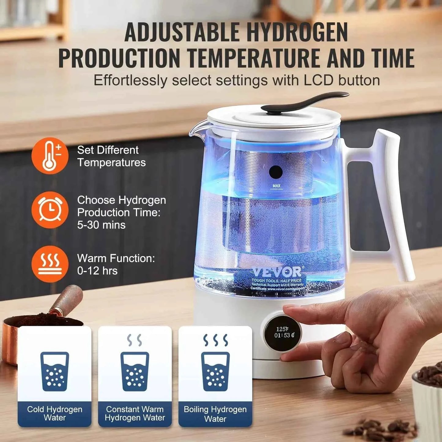 Générateur d'eau à hydrogène - Carafe & bouilloire - 1.5L - Concentration en hydrogène de 1500 ppb