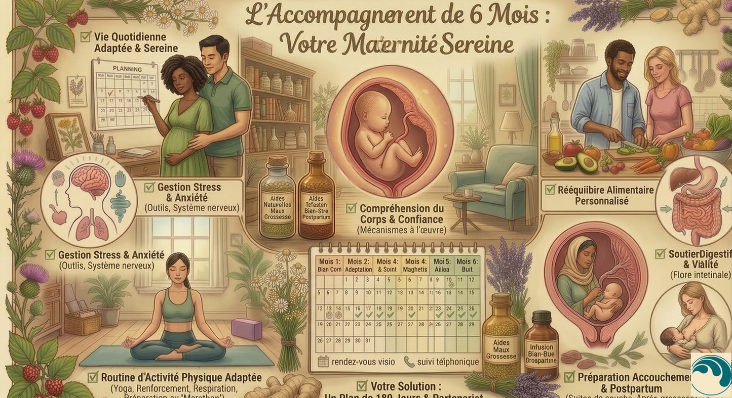 Infographie illustrée du programme d'accompagnement de 6 mois pour une maternité sereine, présentant des conseils sur la nutrition, le yoga prénatal, la gestion du stress et la préparation à l'accouchement pour les futurs parents.