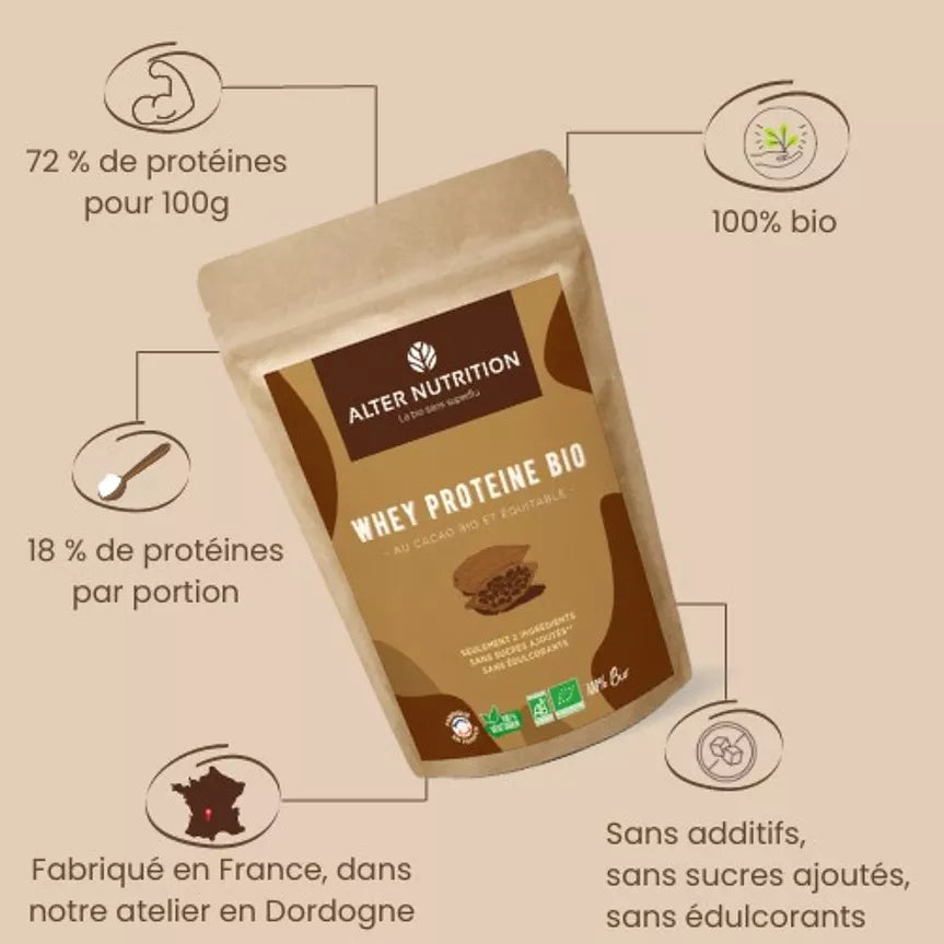 Poudre de protéine whey bio cacao avec 72 pour cent de protéines par 100g, 100 pour cent bio