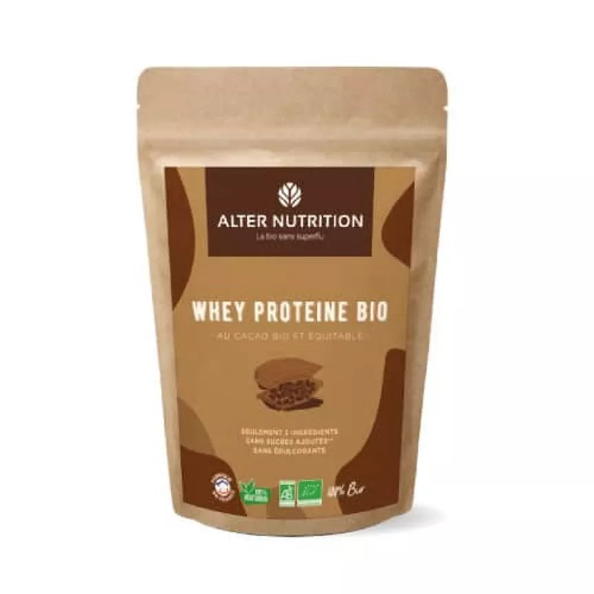 Sachet de protéine whey bio cacao d'Alter Nutrition, riche et naturel pour les sportifs.