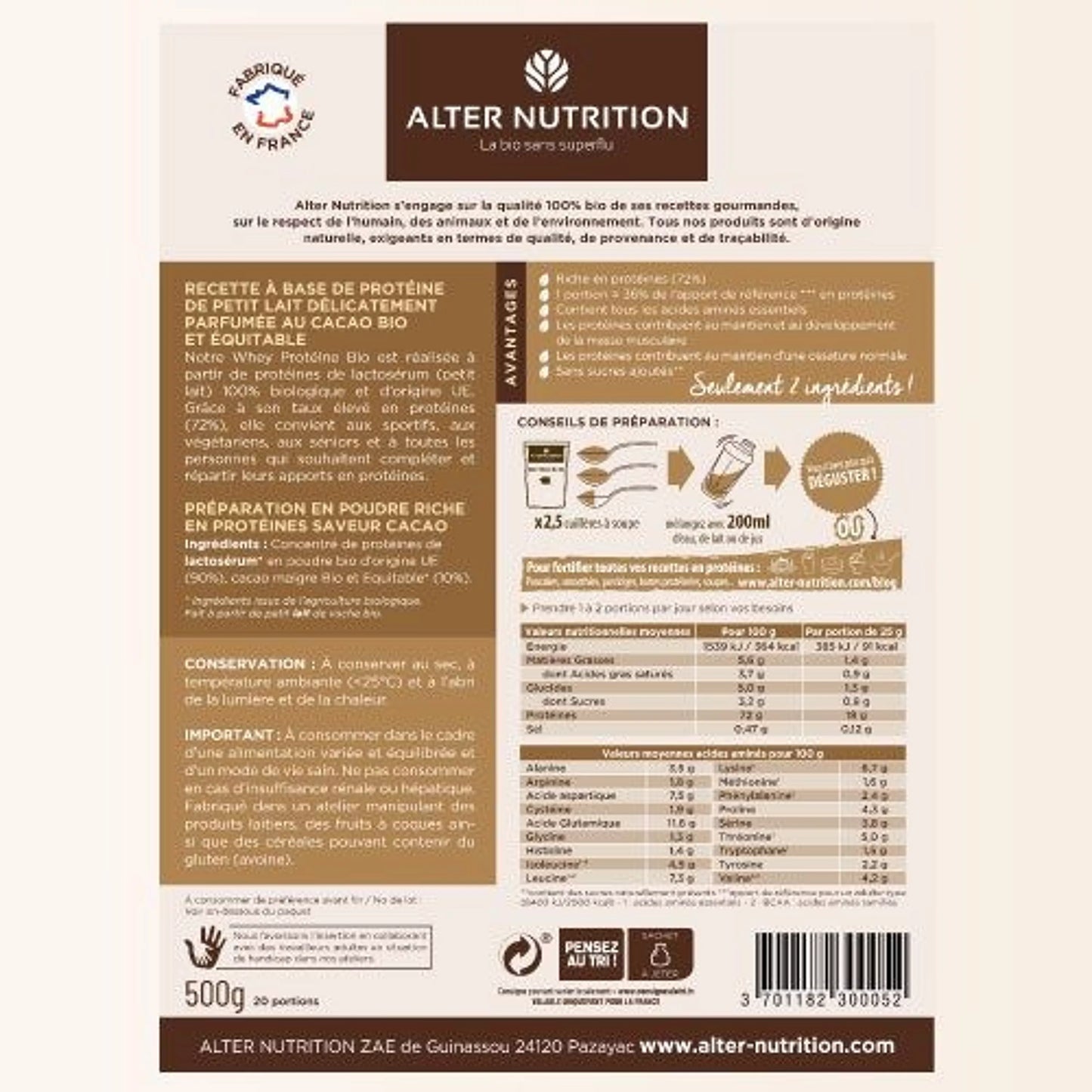 Sachet de protéine whey bio cacao de Le terrier du bien-être avec instructions et informations nutritionnelles