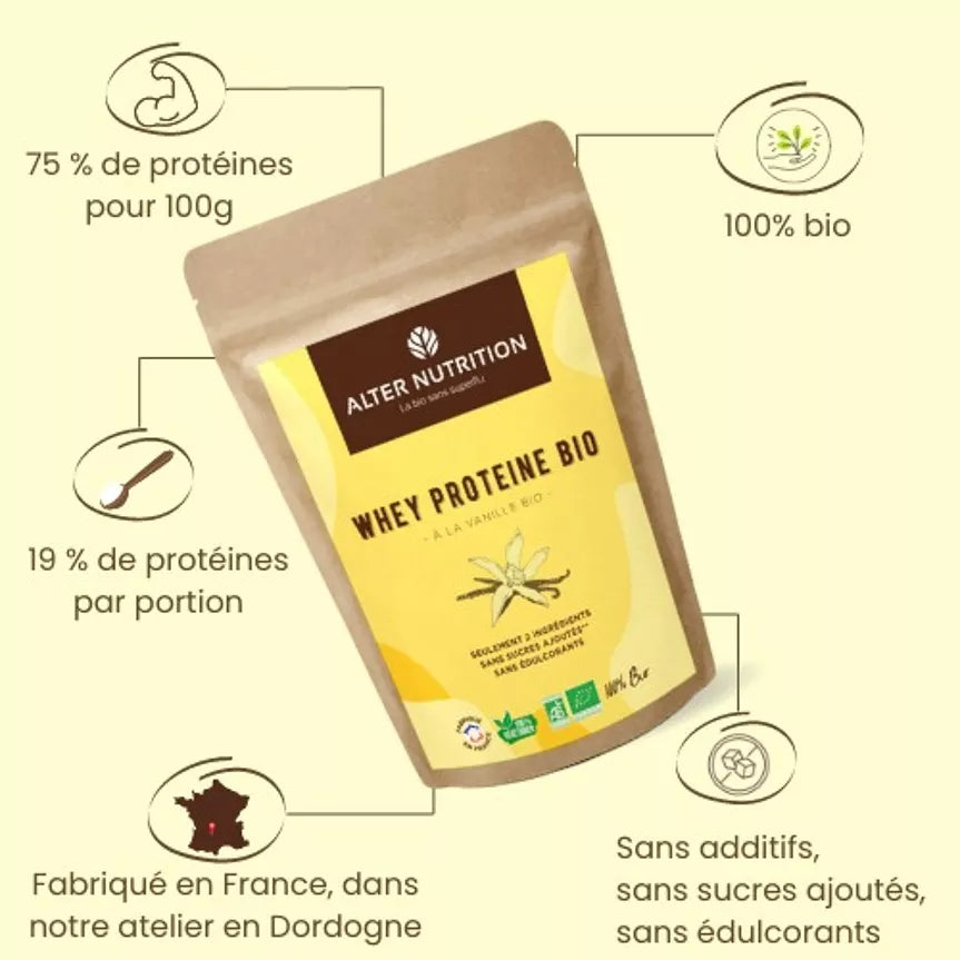 Sachet de protéine whey bio vanille avec 75 pour cent de protéines et 100 pour cent bio