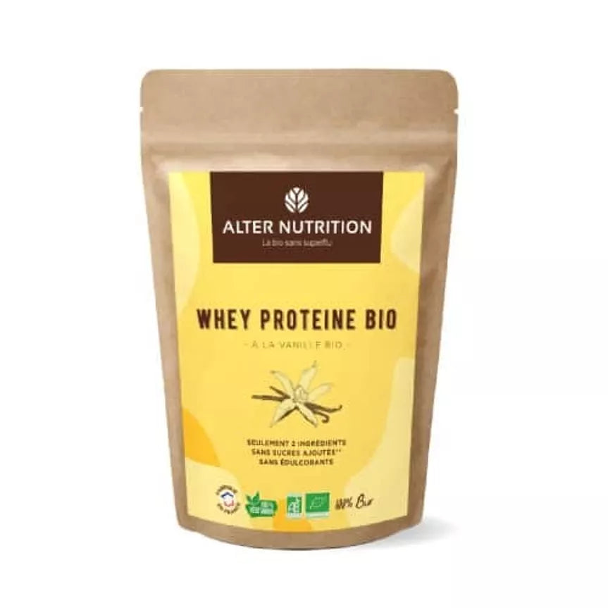 Poudre de protéine whey bio vanille dans un emballage écologique de Le terrier du bien-être
