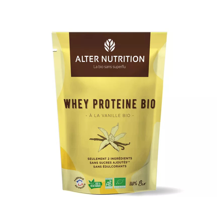 Poudre de protéine whey bio vanille de Le terrier du bien-être, sachet jaune avec illustration de vanille
