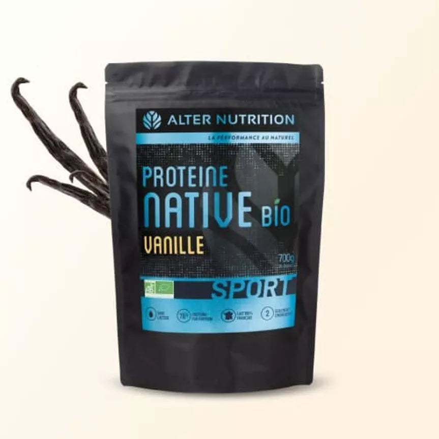Sachet de protéine whey native bio à la vanille de 700g pour sportifs, de la marque Le terrier du bien-être