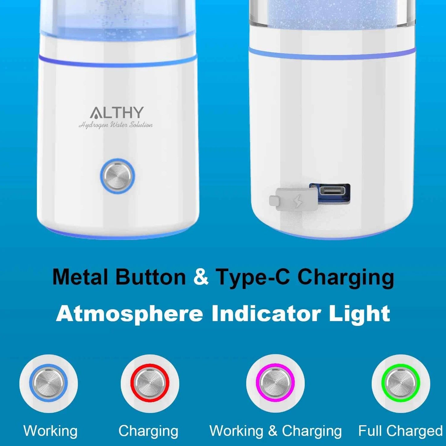 Générateur d'eau à hydrogène avec bouton métallique et indicateur de charge Type-C