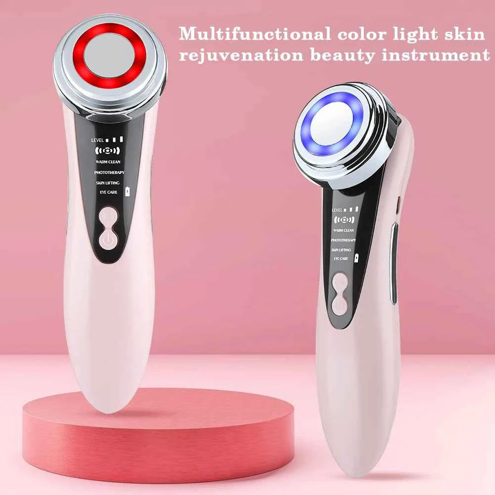 Appareil de massage facial EMS, luminothérapie & sonique en rose avec des lumières colorées pour le rajeunissement de la peau