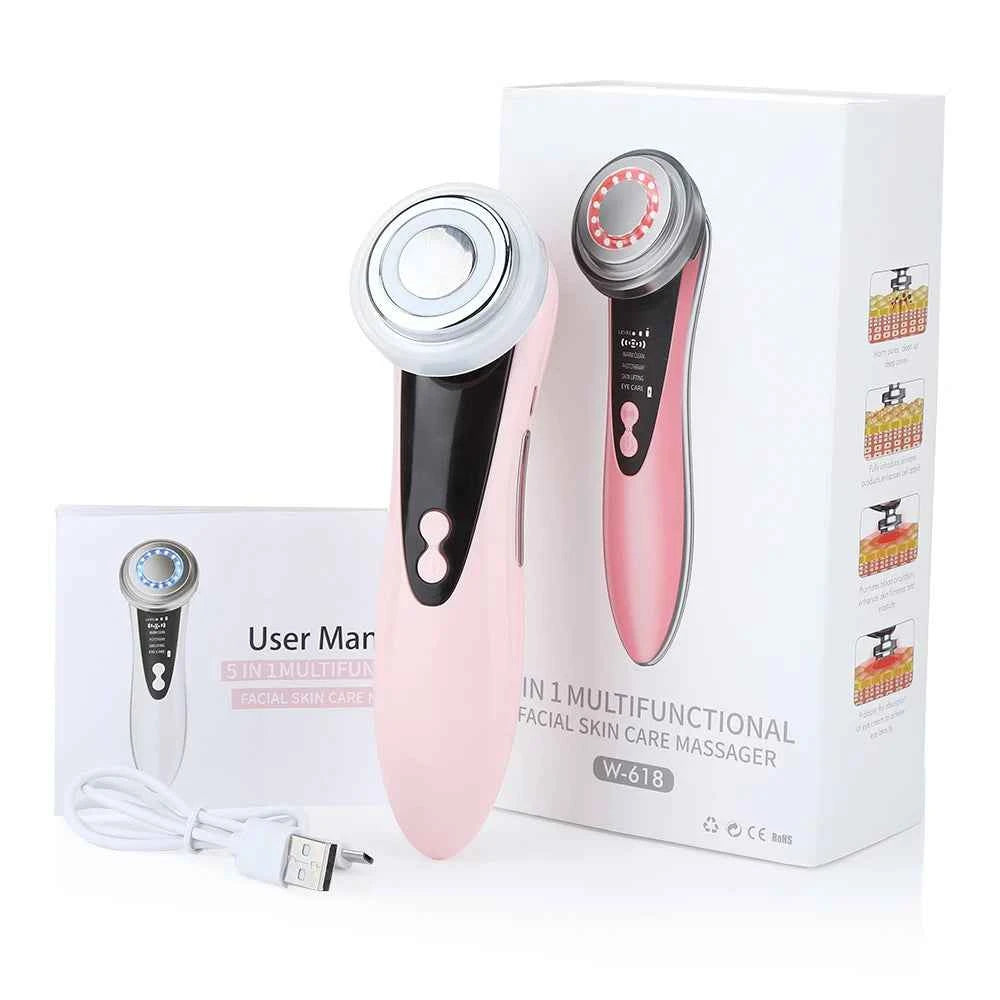 Appareil de massage facial EMS en rose avec luminothérapie et technologie sonique pour un soin de la peau efficace