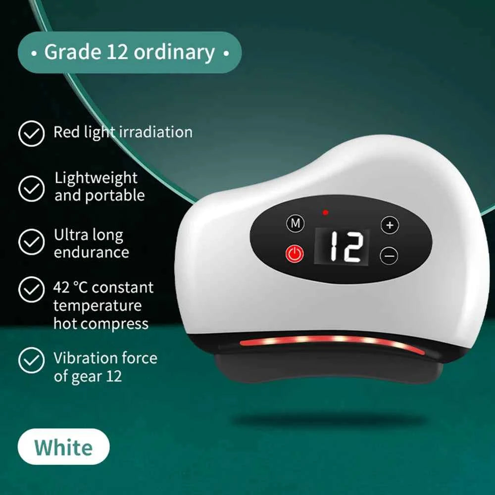 Appareil de massage Gua sha intelligent en blanc avec panneau de contrôle et irradiation rouge