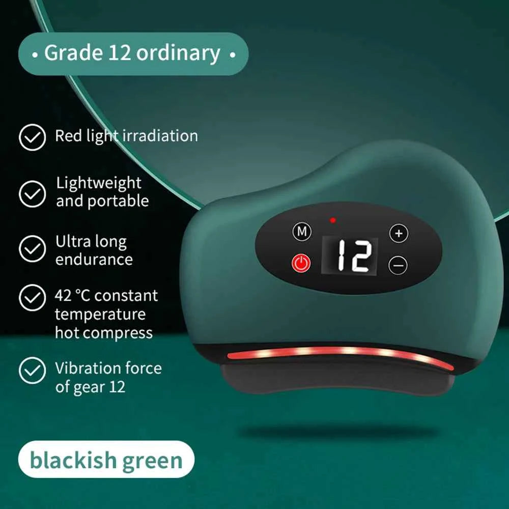 Appareil de massage Gua sha intelligent en vert noirci avec écran LED et fonction de vibration pour le bien-être