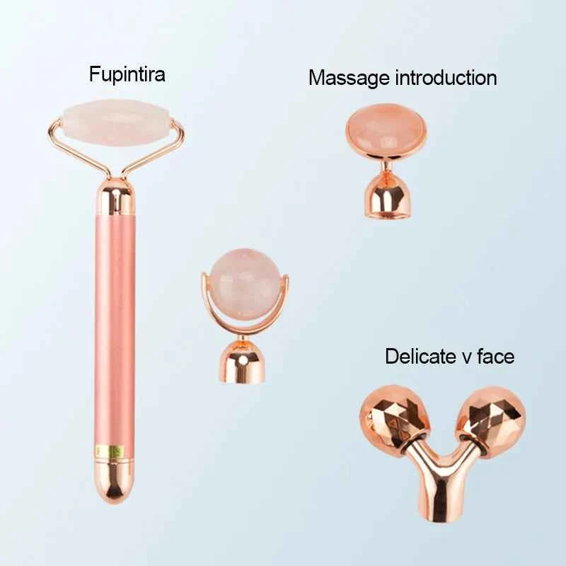Appareil massage anti-âge maison avec rouleau en quartz rose et accessoires pour un soin du visage efficace