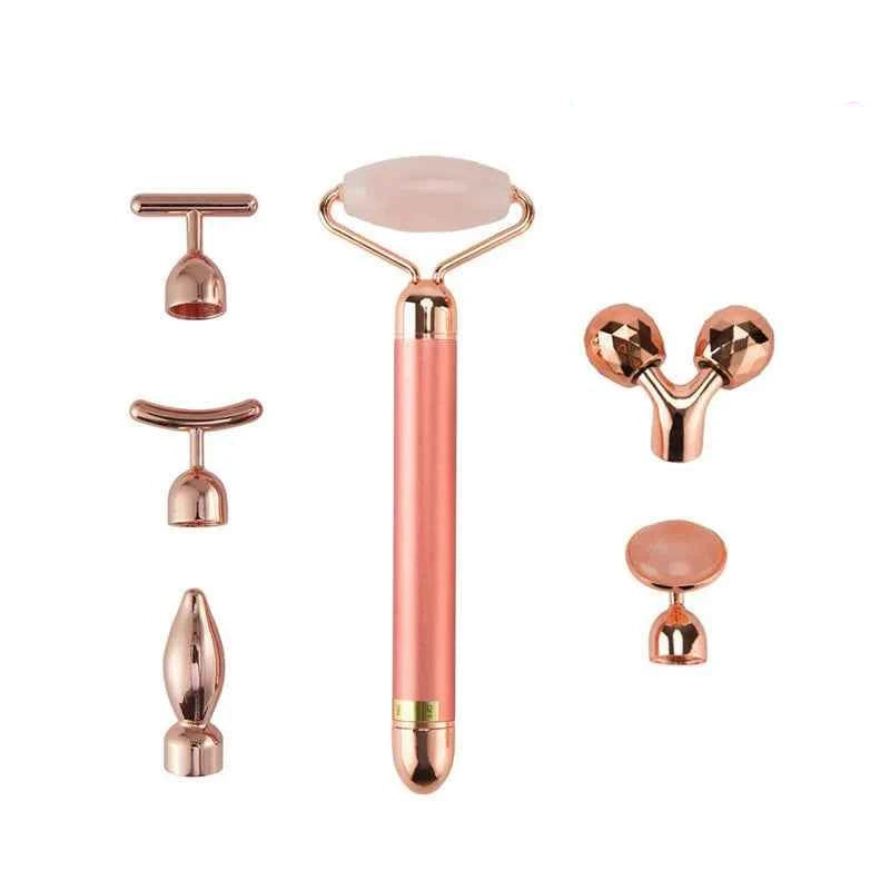 Appareil massage anti-âge maison avec rouleau en rose quartz et accessoires pour un soin du visage complet