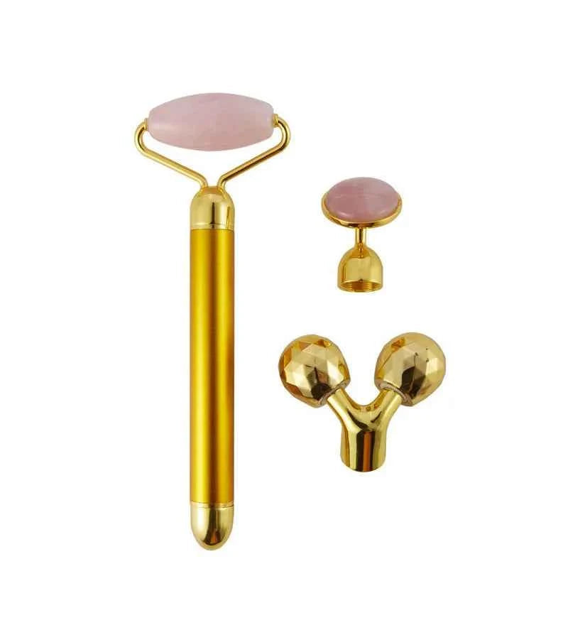 Ensemble d'appareil massage anti-âge maison avec rouleau en jade rose et accessoires dorés