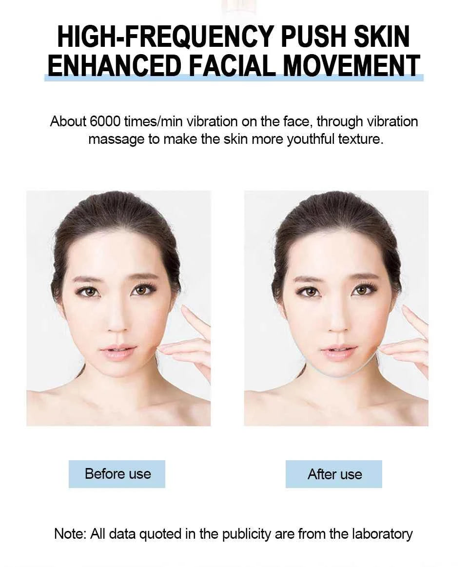 Appareil massage anti-âge maison montrant les effets avant et après le massage facial avec vibrations haute fréquence.