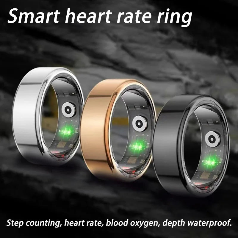Bague connectée bien-être en argent, or rose et noir avec fonctionnalités de fréquence cardiaque et comptage de pas