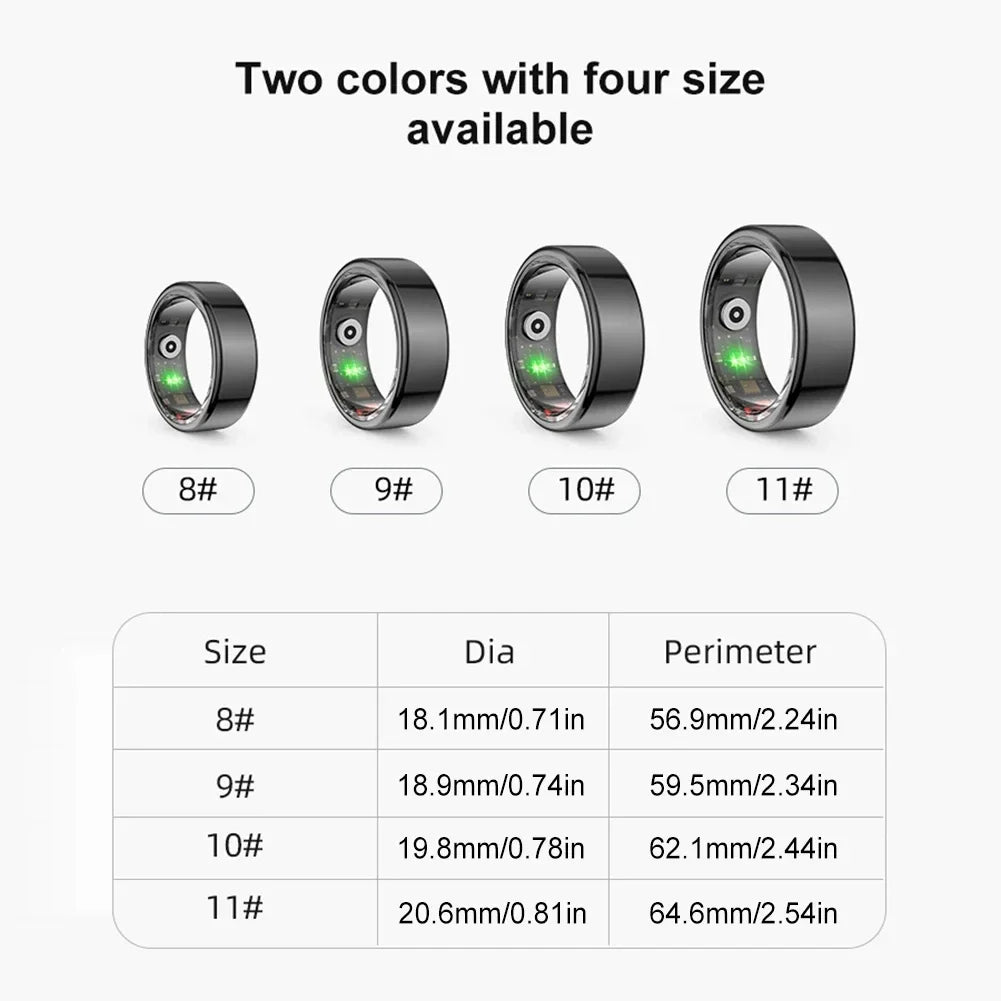 Bague connectée bien-être en noir avec capteurs LED, disponible en quatre tailles pour un ajustement parfait