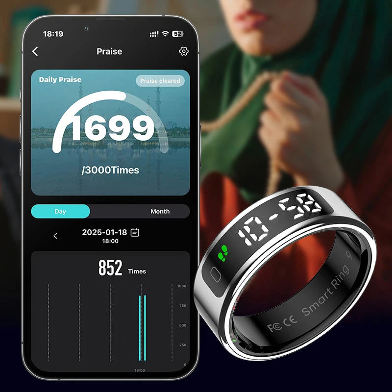 Bague connectée sport santé avec application montrant des statistiques de performance et de bien-être