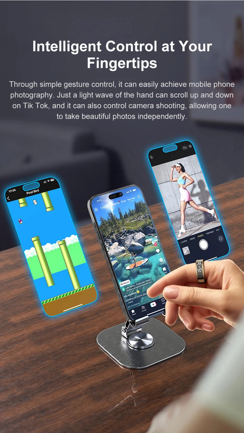 Bague connectée sport santé contrôlant des fonctionnalités de smartphone pour la photographie mobile et le jeu