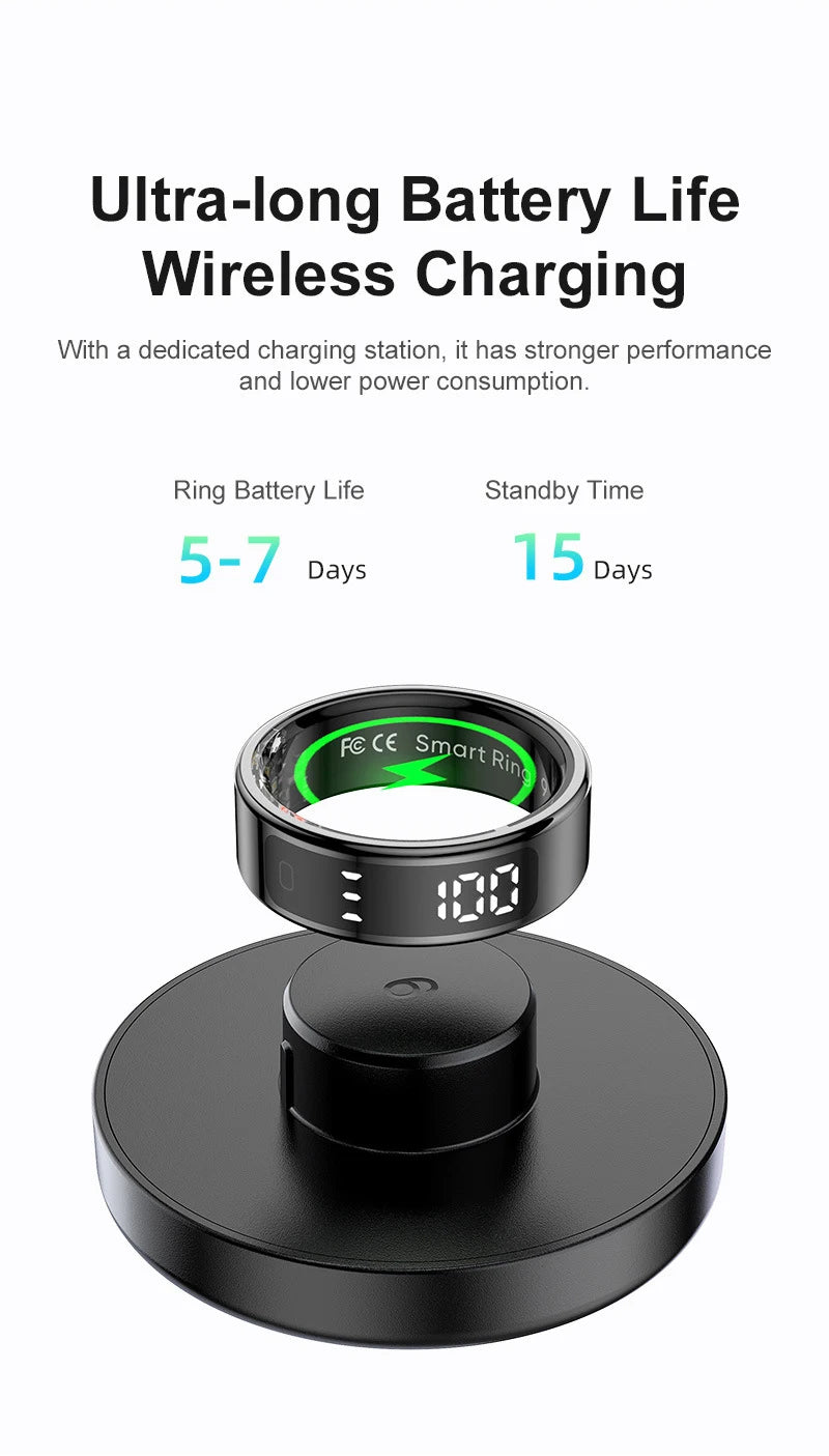 Bague connectée sport santé avec une station de charge offrant une autonomie de 5 à 7 jours