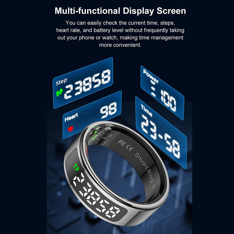Bague connectée sport santé avec écran multifonction affichant le temps, les pas et le rythme cardiaque