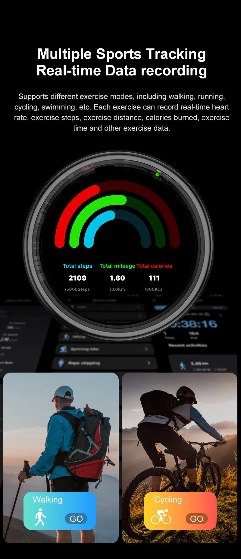 Bague connectée sport santé affichant des données en temps réel sur l'exercice et les calories brûlées