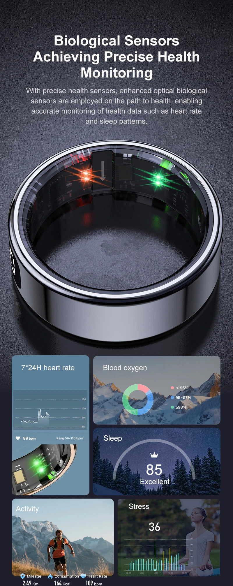 Bague connectée sport santé avec capteurs biologiques pour le suivi de la santé et du sommeil