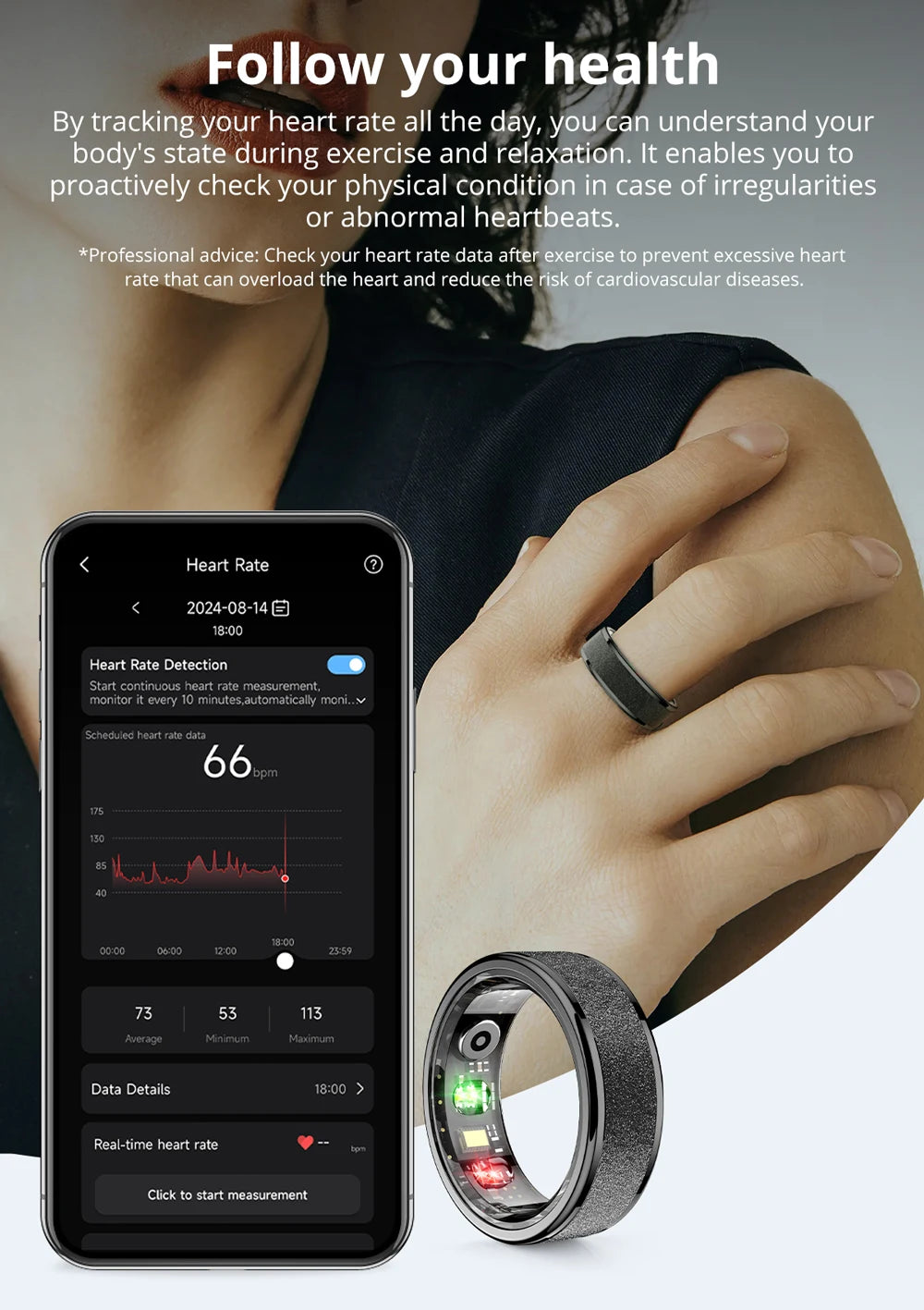 Bague connectée suivi santé performance avec affichage des données de fréquence cardiaque sur smartphone