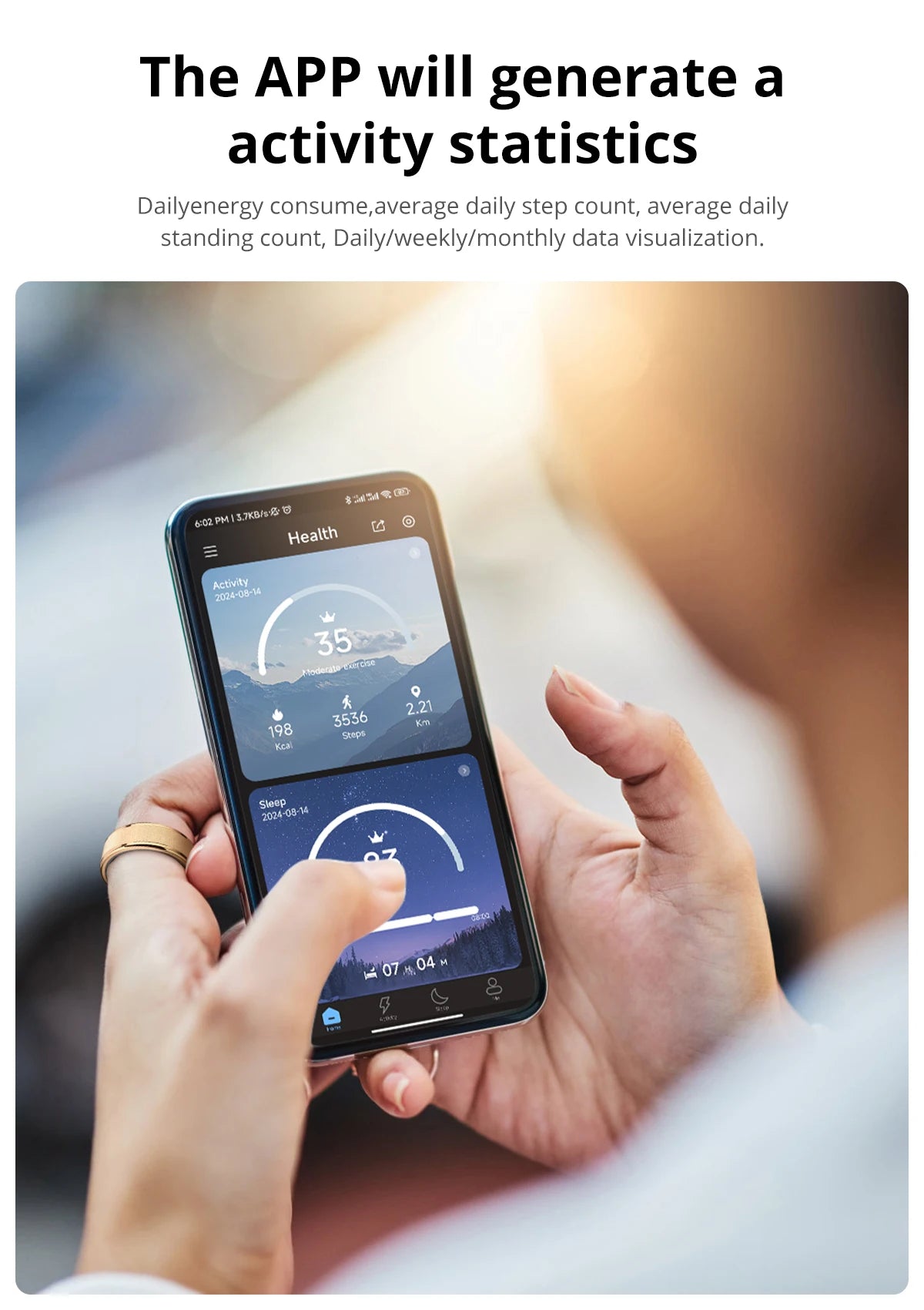 Application affichant des statistiques de santé pour une bague connectée suivi santé performance