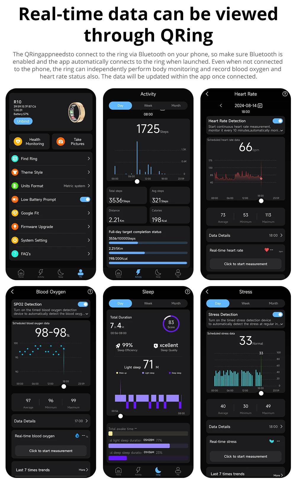 Bague connectée suivi santé performance avec affichage des données en temps réel dans l'application QRing