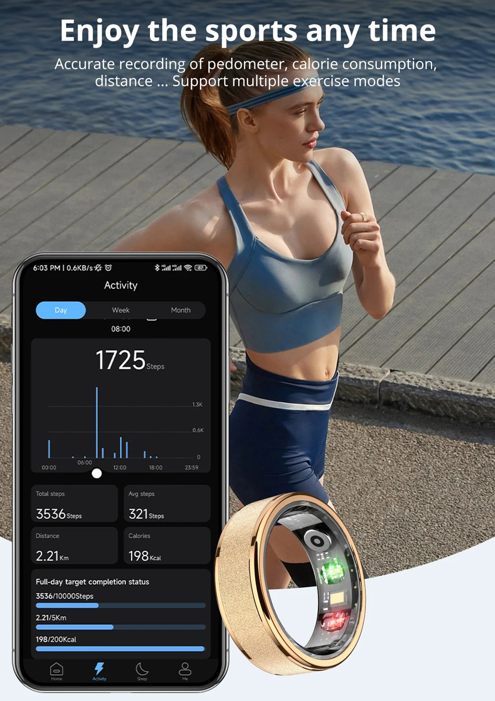 Bague connectée suivi santé performance en or avec écran LED et application de suivi d'activité