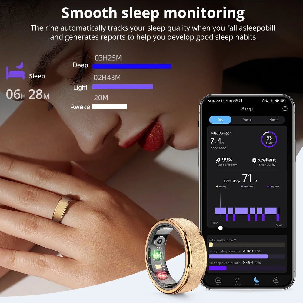 Bague connectée suivi santé performance en or avec application de suivi de sommeil sur smartphone