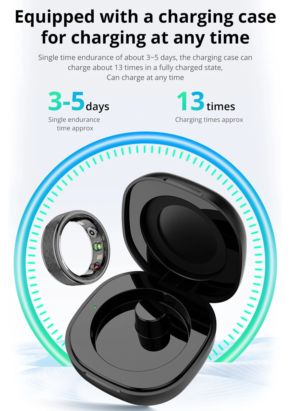 Bague connectée suivi santé performance avec boîtier de chargement pour une utilisation pratique et durable