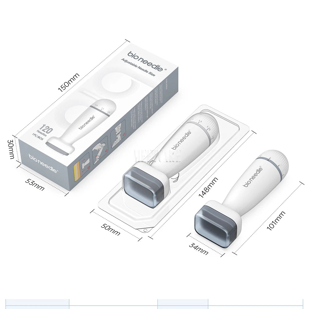 Appareil de microneedling 120 aiguilles avec packaging, conçu pour améliorer le teint de la peau