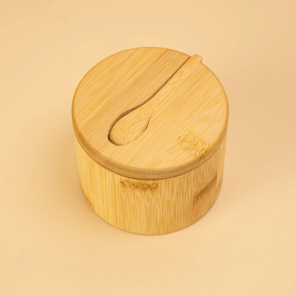 Boîte à condiments bambou ronde avec couvercle en bois pour une présentation élégante