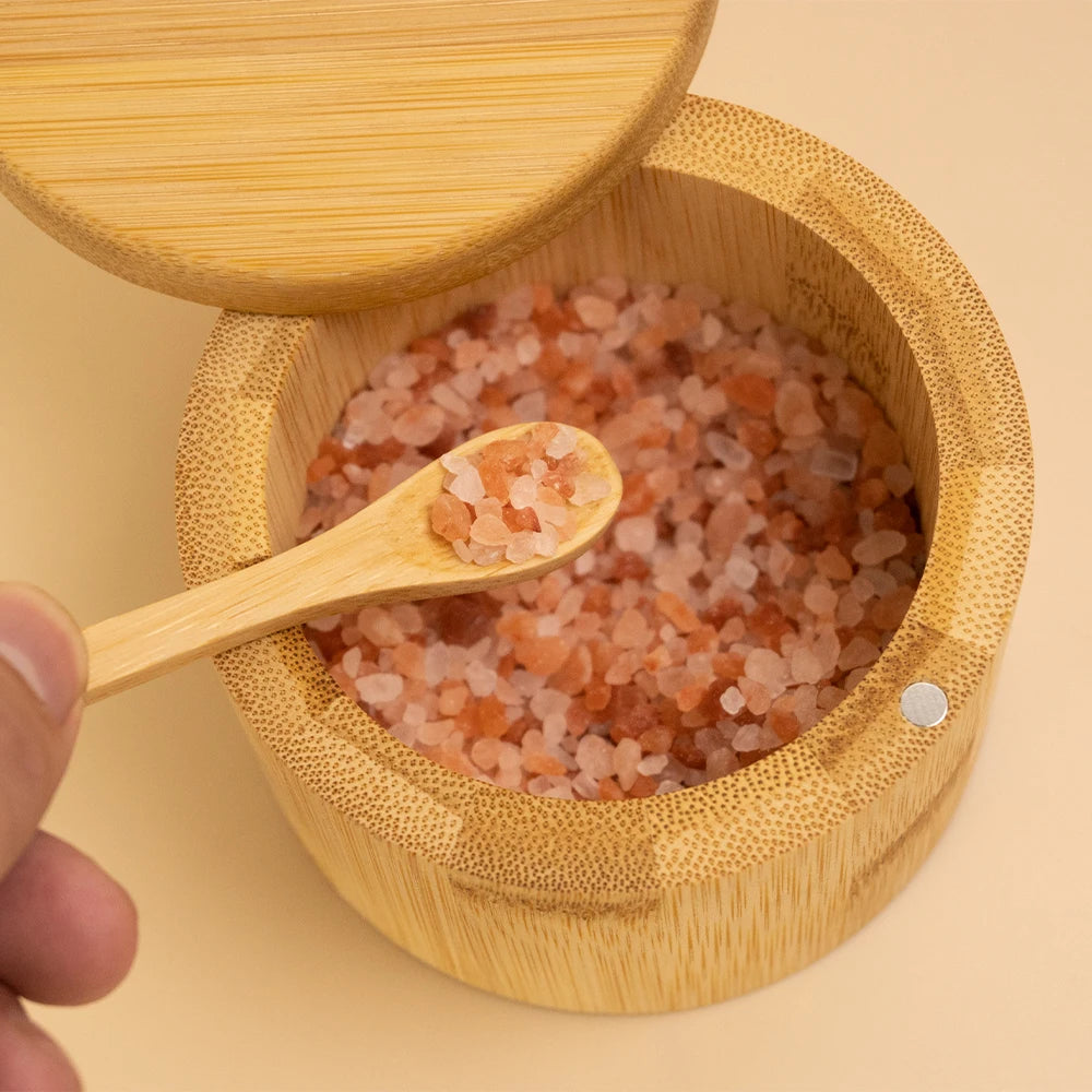 Boîte à condiments bambou avec couvercle et cuillère en bois, idéale pour stocker les épices
